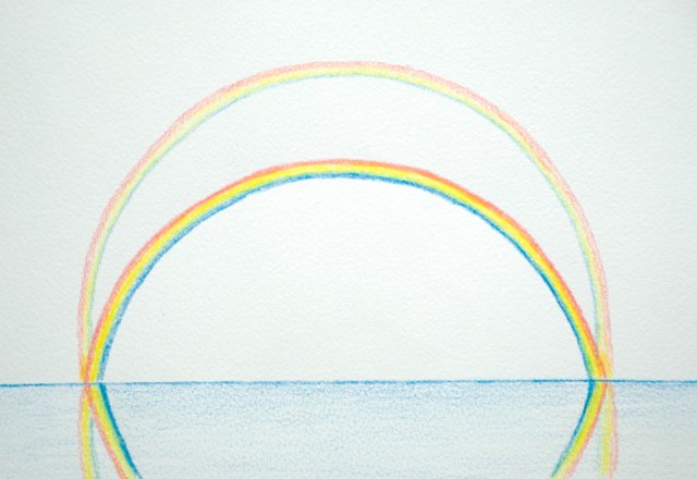 Skitse af regnbue og refleksionsregnbue (samt buernes spejlbilleder) over hav ved en solhøjde på ca. fem grader, d.v.s. omtrent som ved observationen over Holsteinborg Nor 11. april 2014. (Tegning: Michael Stoltze).